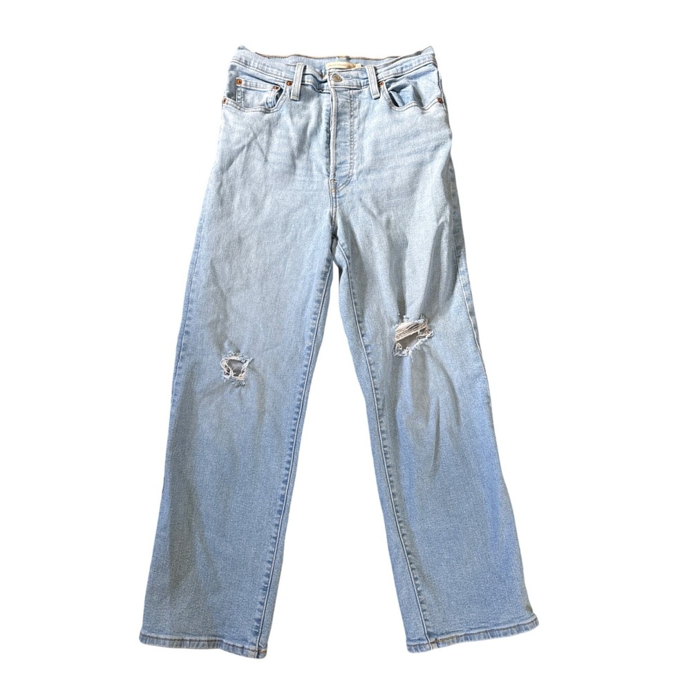 Levis Ribcage Straight Ankle Jeans Womens 29 Light Wash Distressed Button Fly